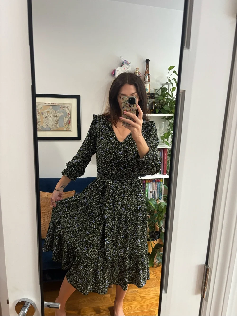 Michael Kors Women's Long Sleeve Midi Dress in Black, Blue & Green Floral Size M